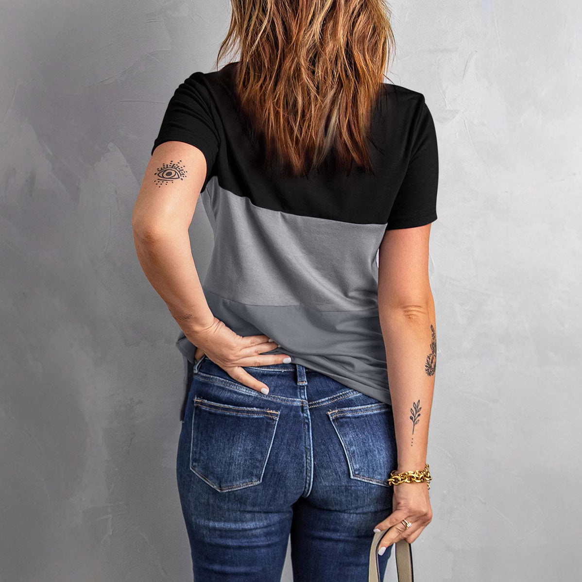 Women Fashion T-Shirt with Color Block Design and Loose Fit Ivyshape