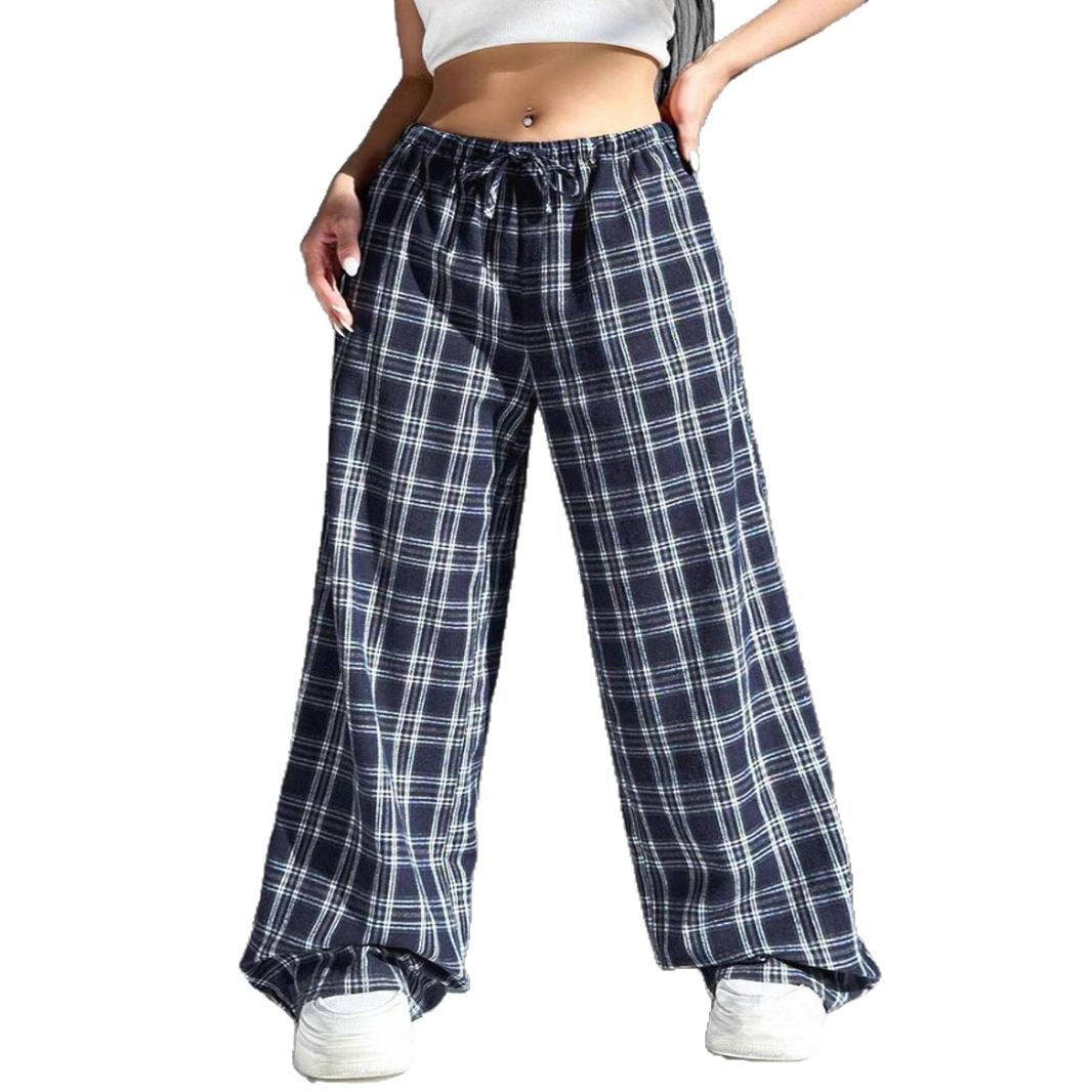 Women's wide checked trousers with elastic waistband and side pockets Ivyshape