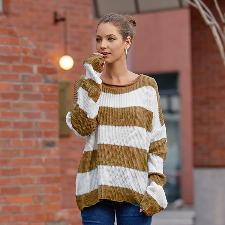 IvyShape | Rolled Edge Round Neck Striped Color Block Sweater