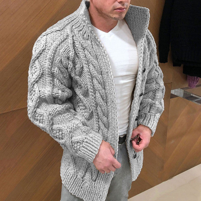 Men's chunky knit cardigan with classic stand-up collar and button closure Ivyshape