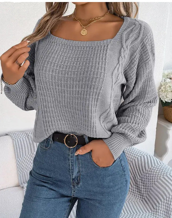 IvyShape | Unique Square Neck Twisted Knit Pullover Top for Women