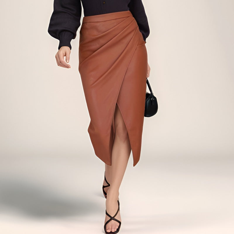 Women Elegant Wrap Skirt made of high-quality Faux Leather with Slit Ivyshape