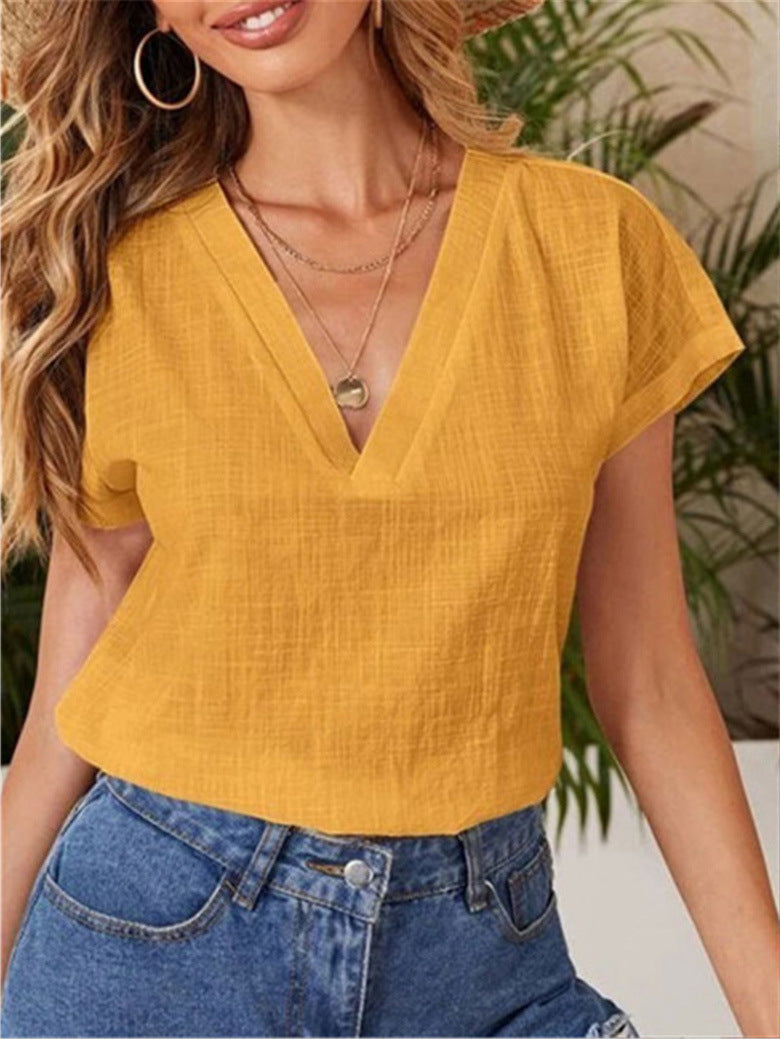 Women loose V-neck summer top with short sleeves Ivyshape
