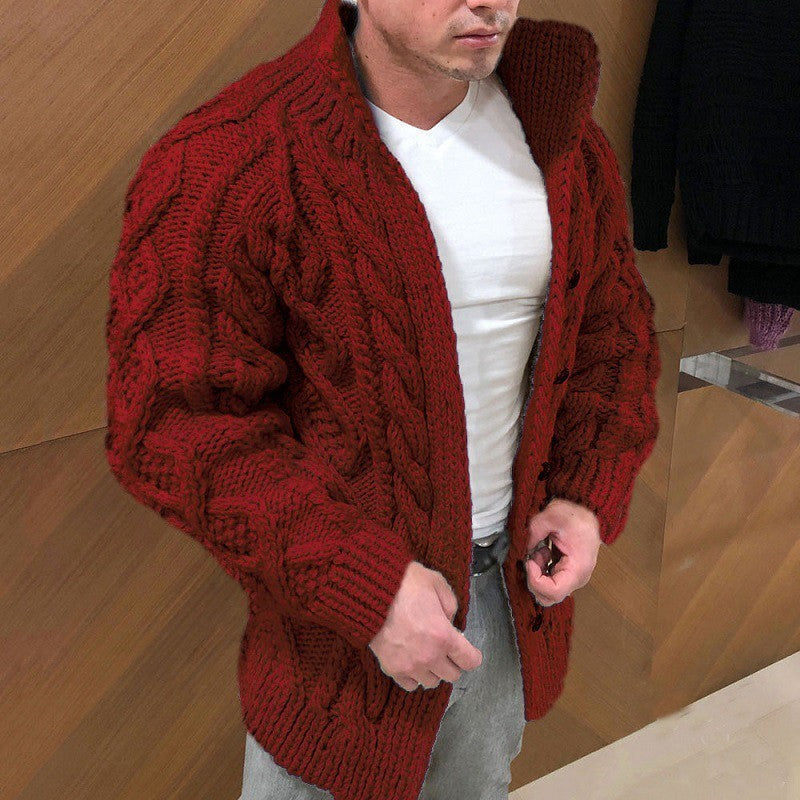 Men's chunky knit cardigan with classic stand-up collar and button closure Ivyshape