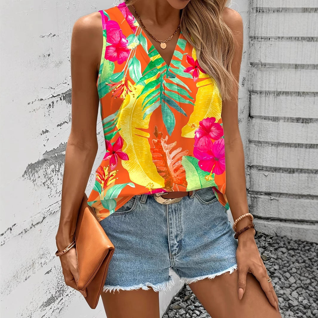 Women Viscose Top with Tropical Flower Pattern and V-Neck Ivyshape