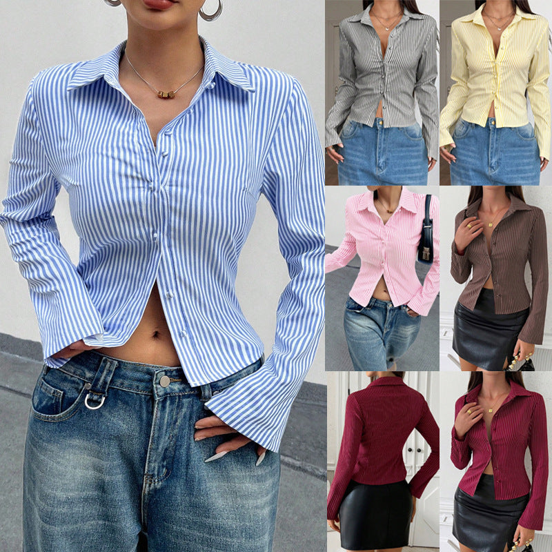 Women's Elegant Blouse with Narrow Stripes and Tailored Cut Ivyshape