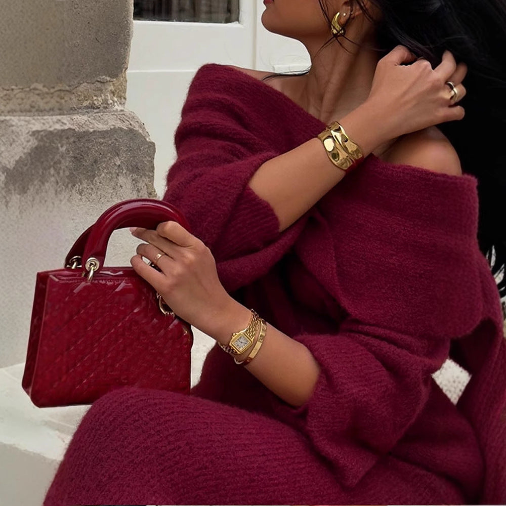 Women's Knit Maxi Dress with Off-Shoulder Neckline and Voluminous Sleeves Ivyshape