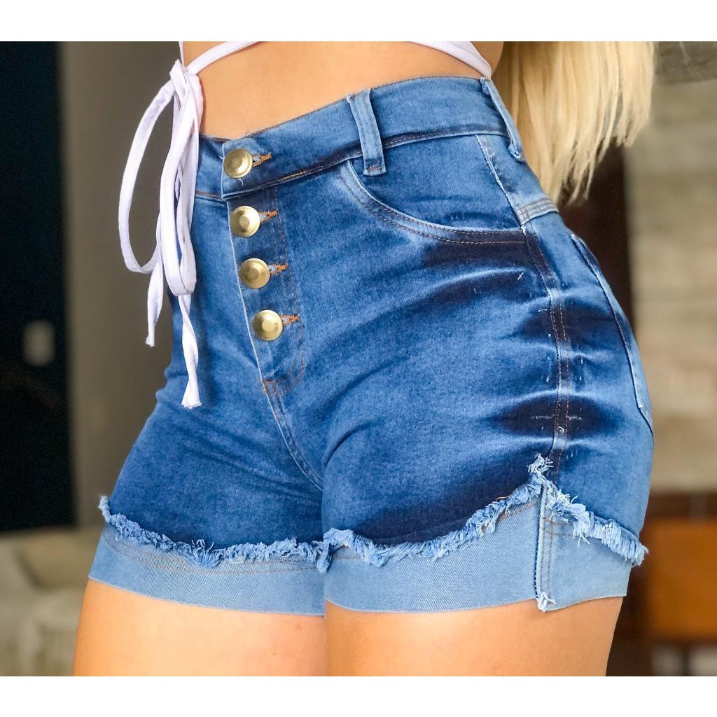 Women's High-Waist Jean Shorts with Button Closure and Fringes Ivyshape