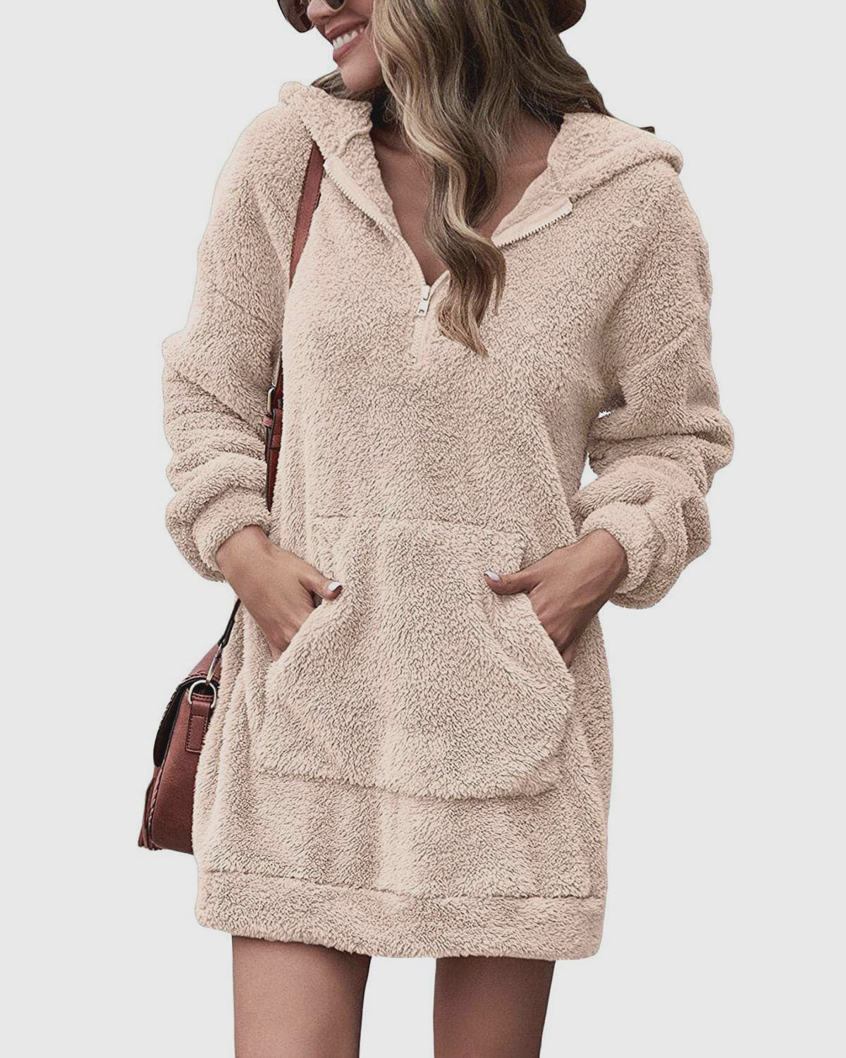 Women's fleece hooded dress with pockets and zipper Ivyshape