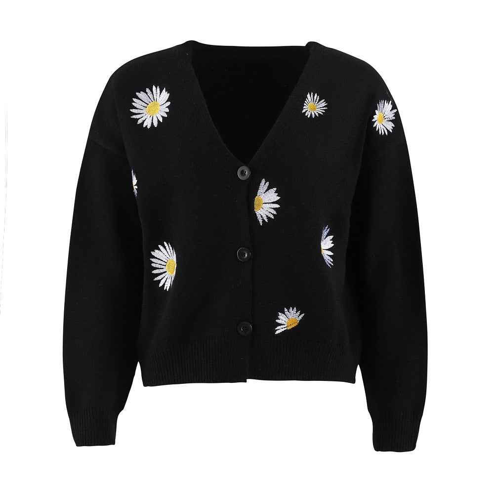 Ivyshape | Up Daisy Embroidery V-Neck Sweater Cardigan