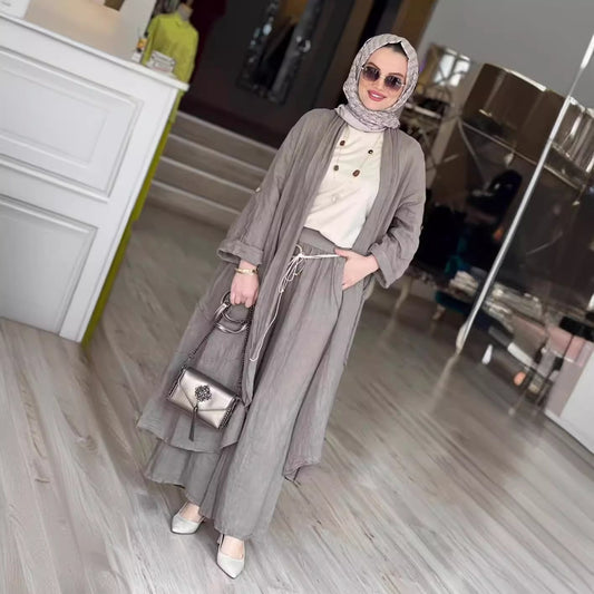 IvyShape | Loose Long Cardigan Casual Wide Leg Pants Two-Piece Set