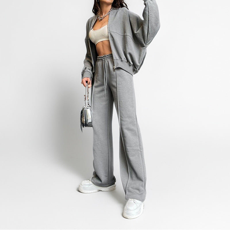 IvyShape | Casual solid color loose tie hoodie tracksuit