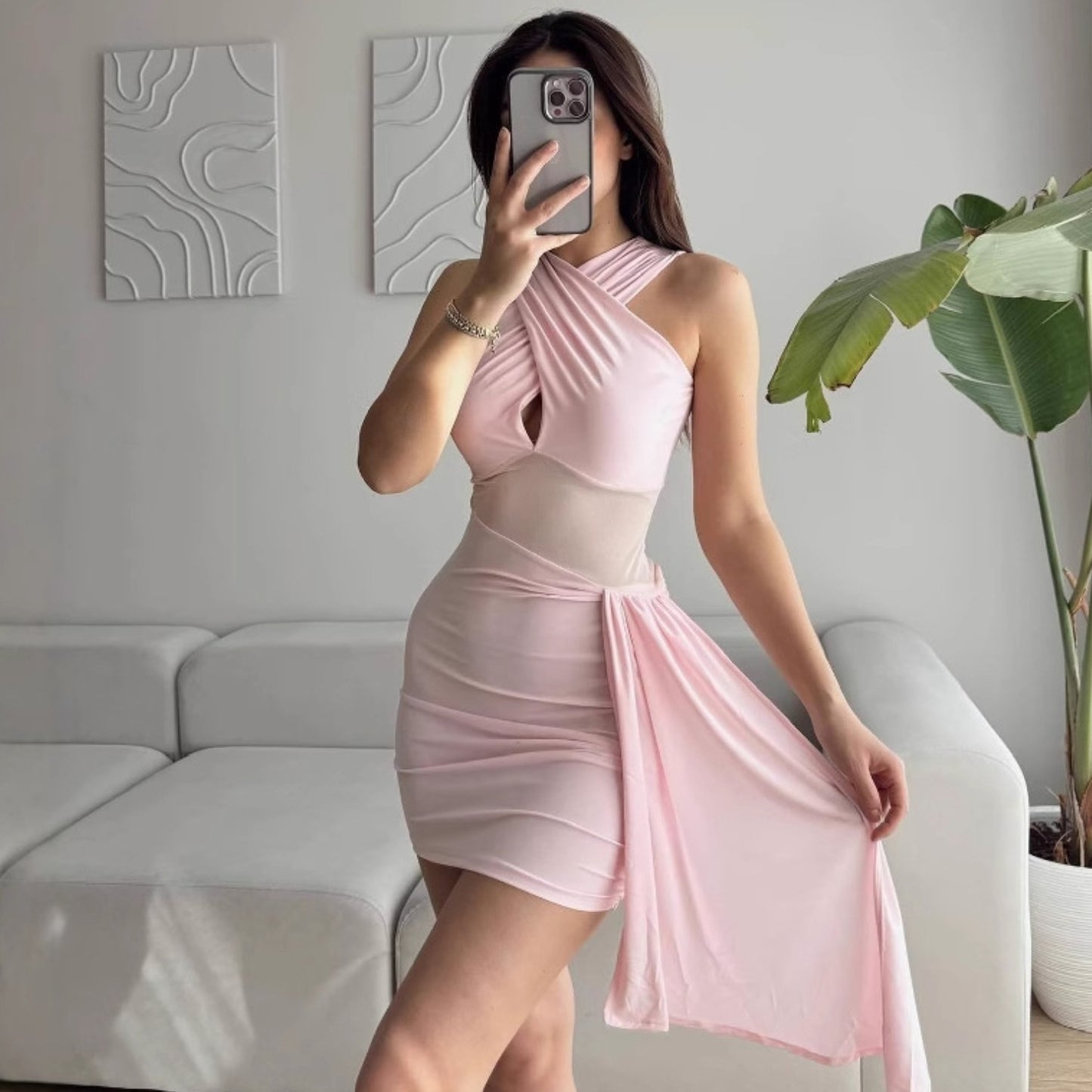 Women's fitted cocktail dress with asymmetric cut and transparent inserts Ivyshape