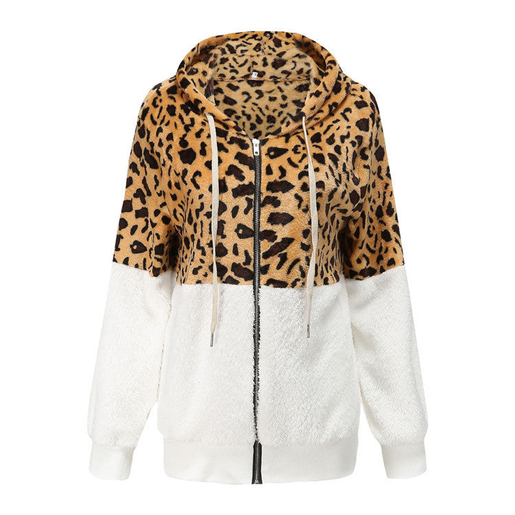 Women's Fashion Fleece Hoodie with Animal Print and Contrast Details Ivyshape