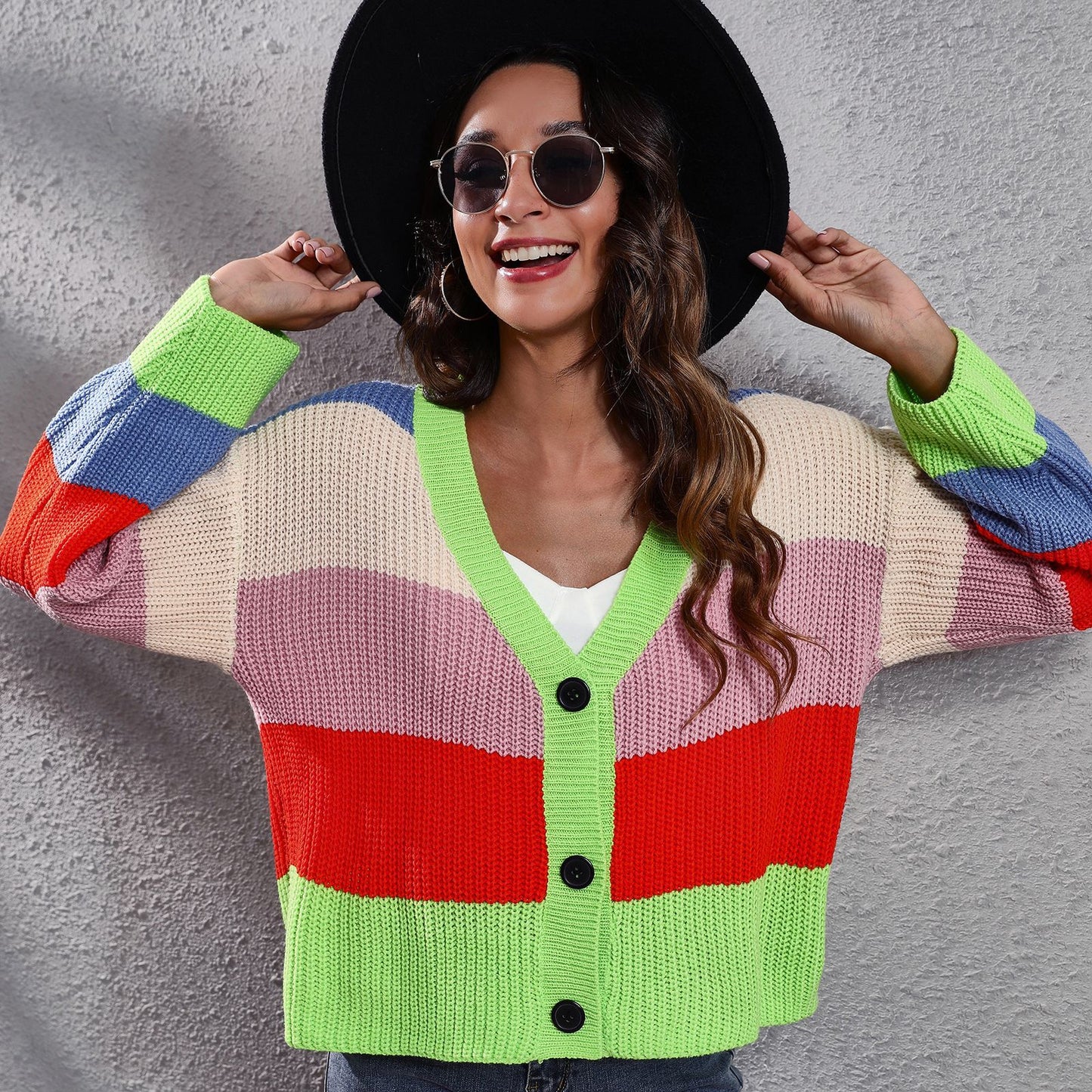Women's chunky knit cardigan with button details and trendy color play Ivyshape