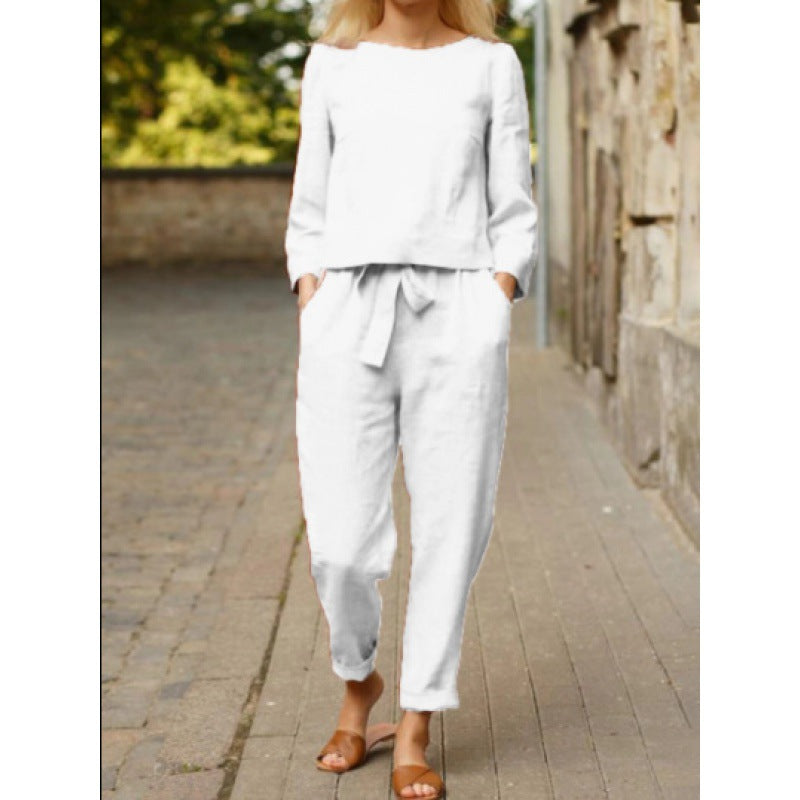 Women's Casual Linen Set with Elegant Top and Loose Pants Ivyshape