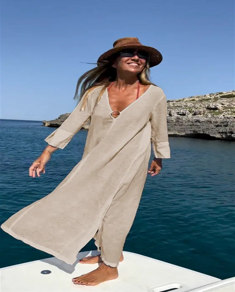 IvyShape | Loose Cotton Linen Beach Sun Protection Long Dress