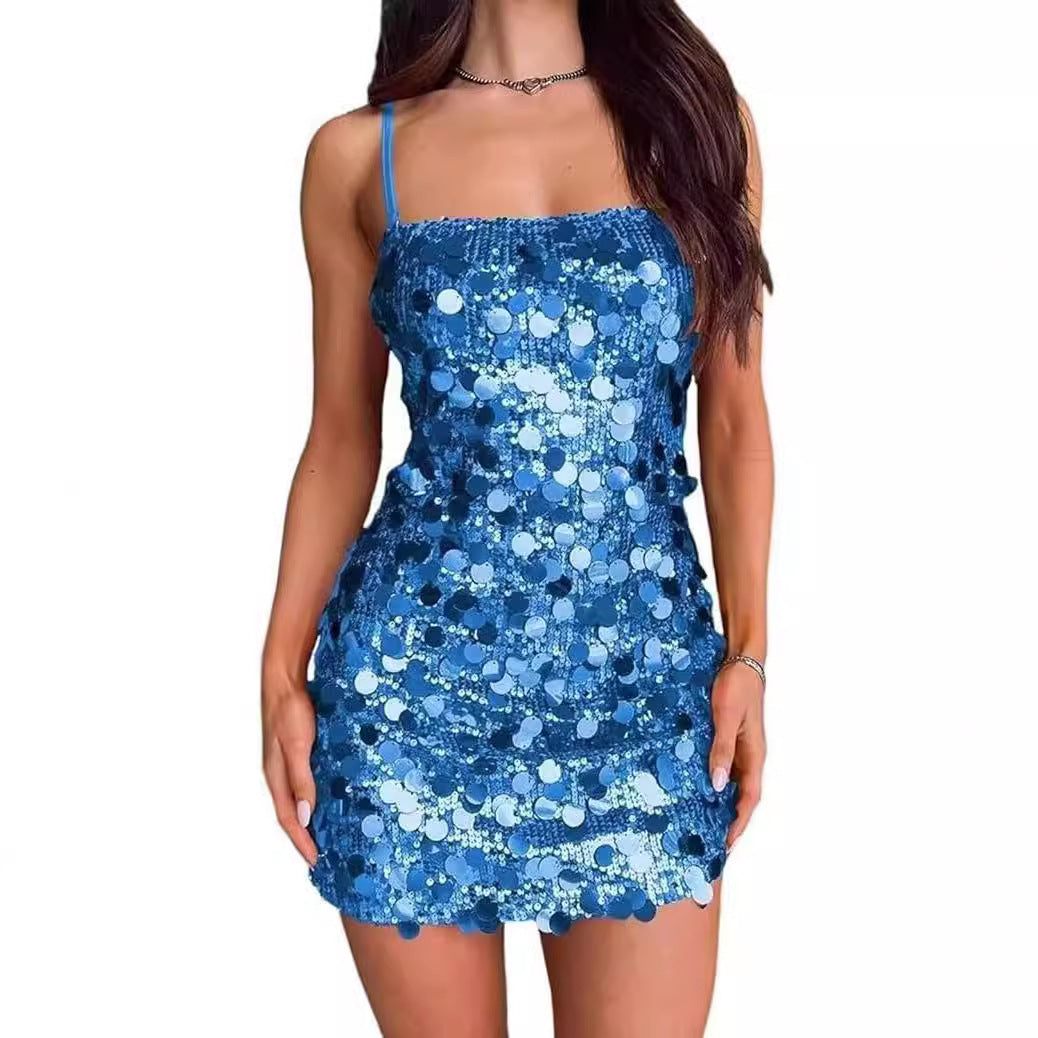 Women Glamorous Sequin Dress with Slim Straps and Figure-Hugging Cut Ivyshape