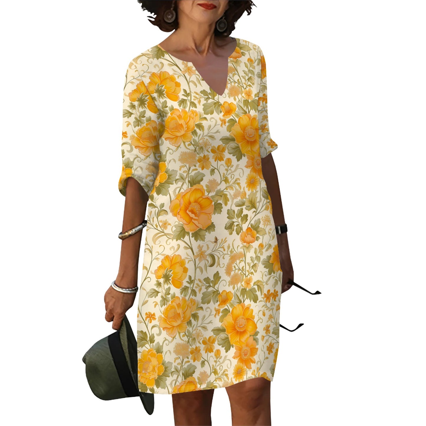 Ladies summer floral dress with V-neck and loose fit Ivyshape
