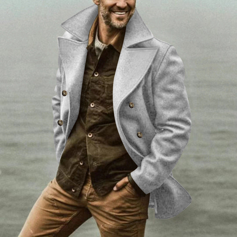 Men's elegant, classic wool coat with double-breasted closure and high collar Ivyshape