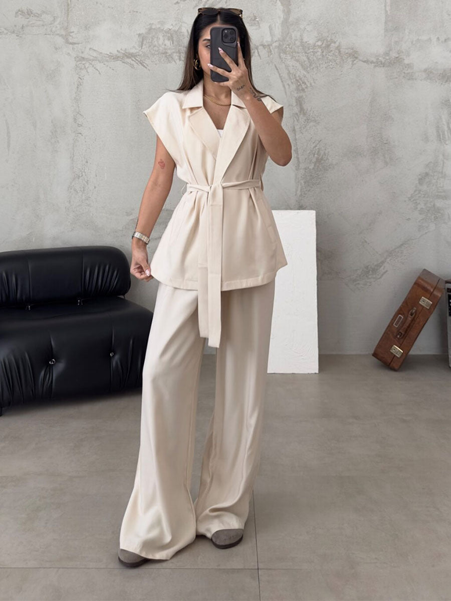 Women's tailored wrap top and wide leg pants set Ivyshape