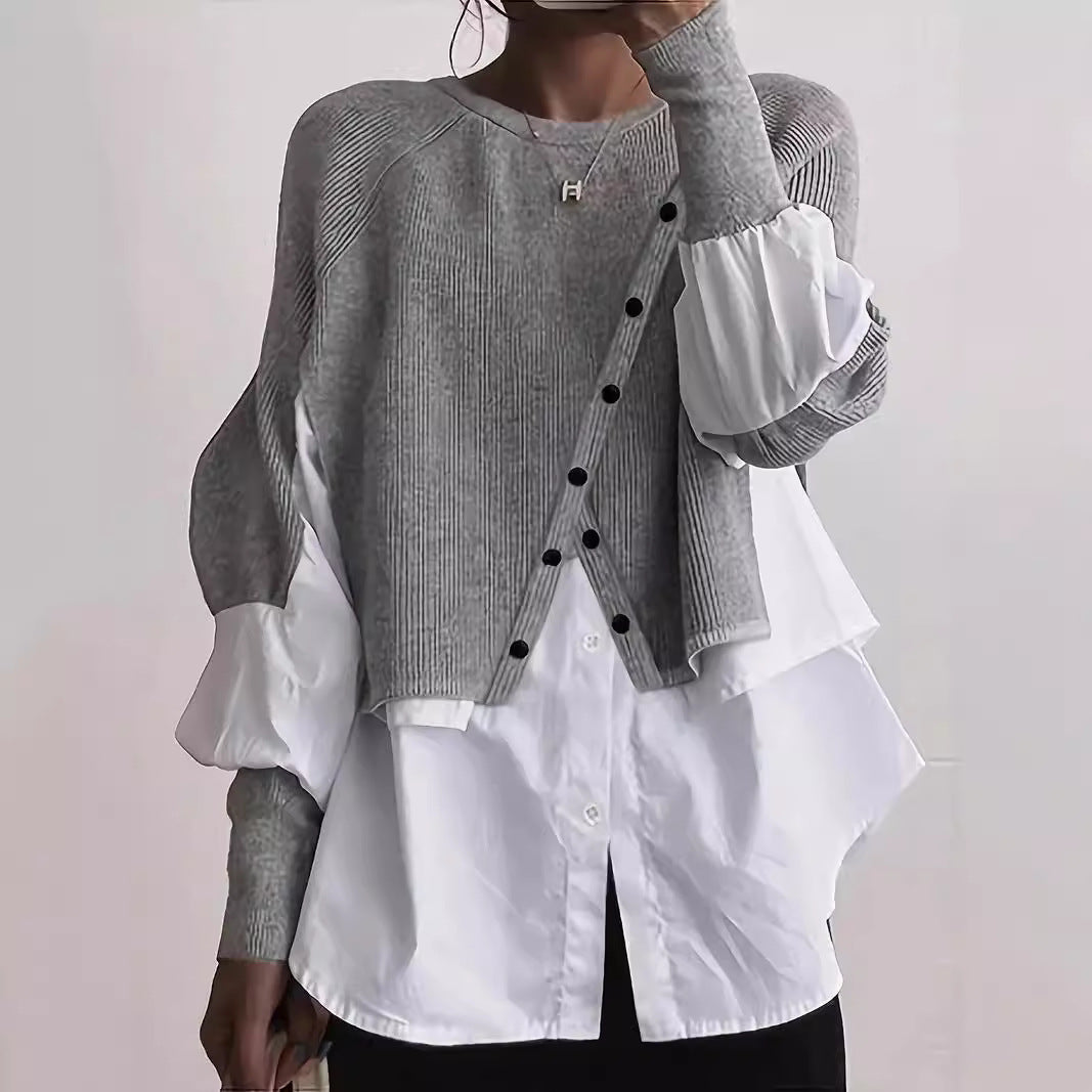 Ladies' stylish knit top with organic layering and elegant puff sleeves Ivyshape