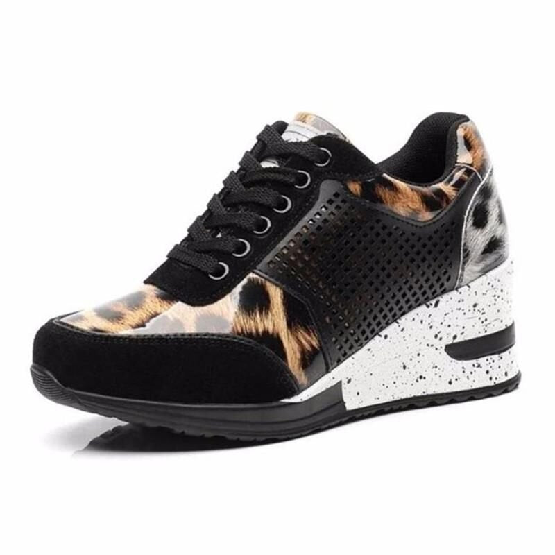 Women's fashionable wedge sneakers with stylish animal print and breathable surface Ivyshape