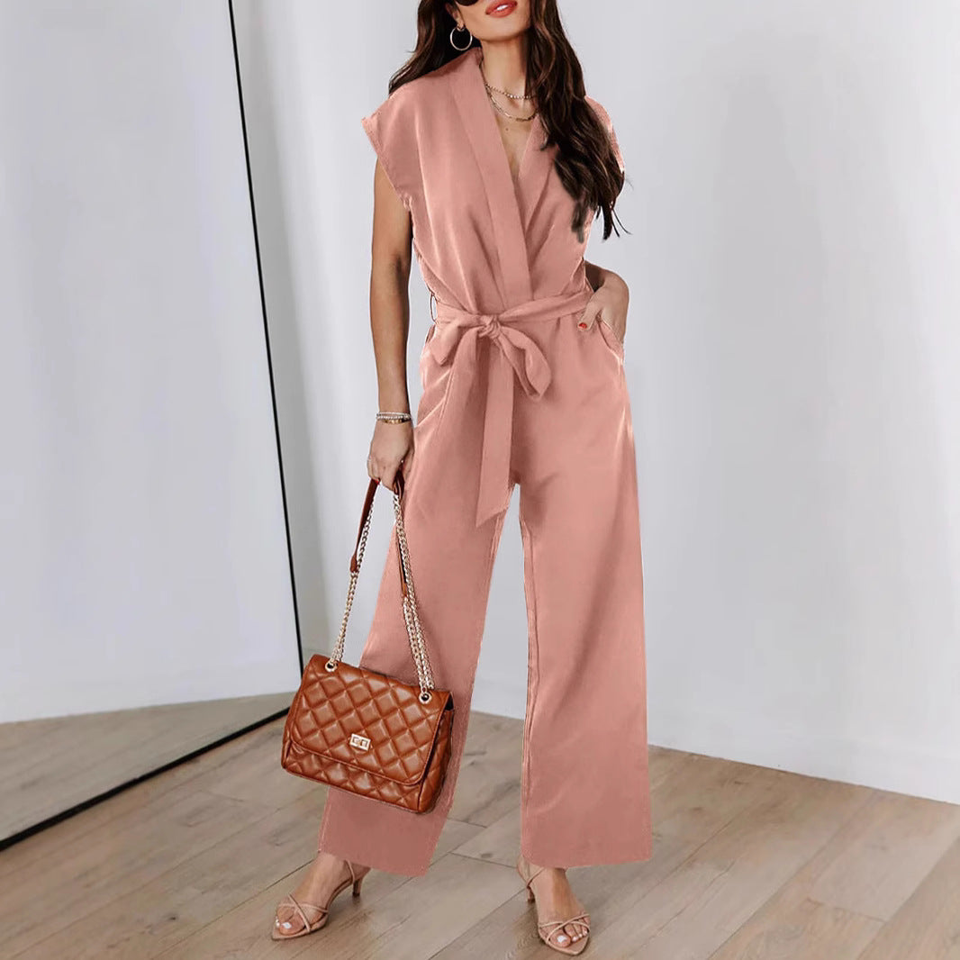 Ladies Elegant Belted Wide Leg Jumpsuit Ivyshape