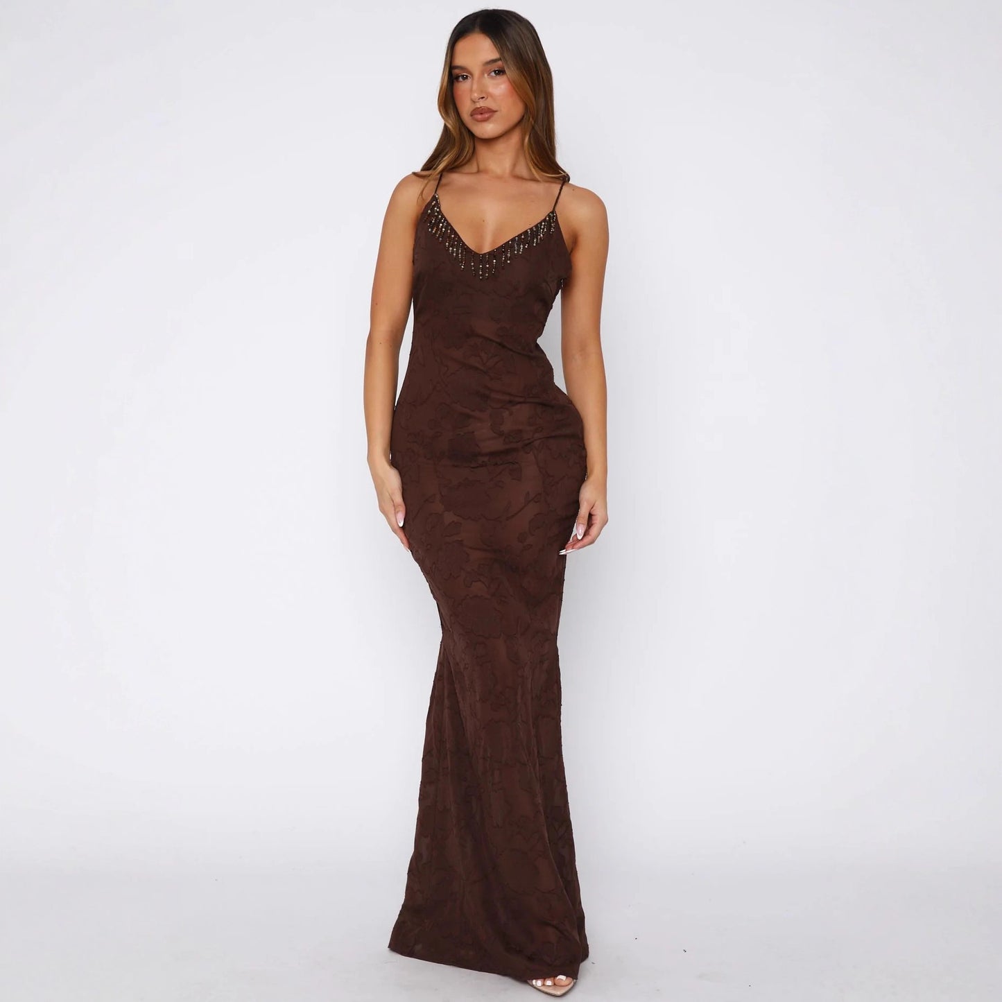 Women Elegant Transparent Wrap Dress with Floral Pattern and Sparkling Neckline Ivyshape