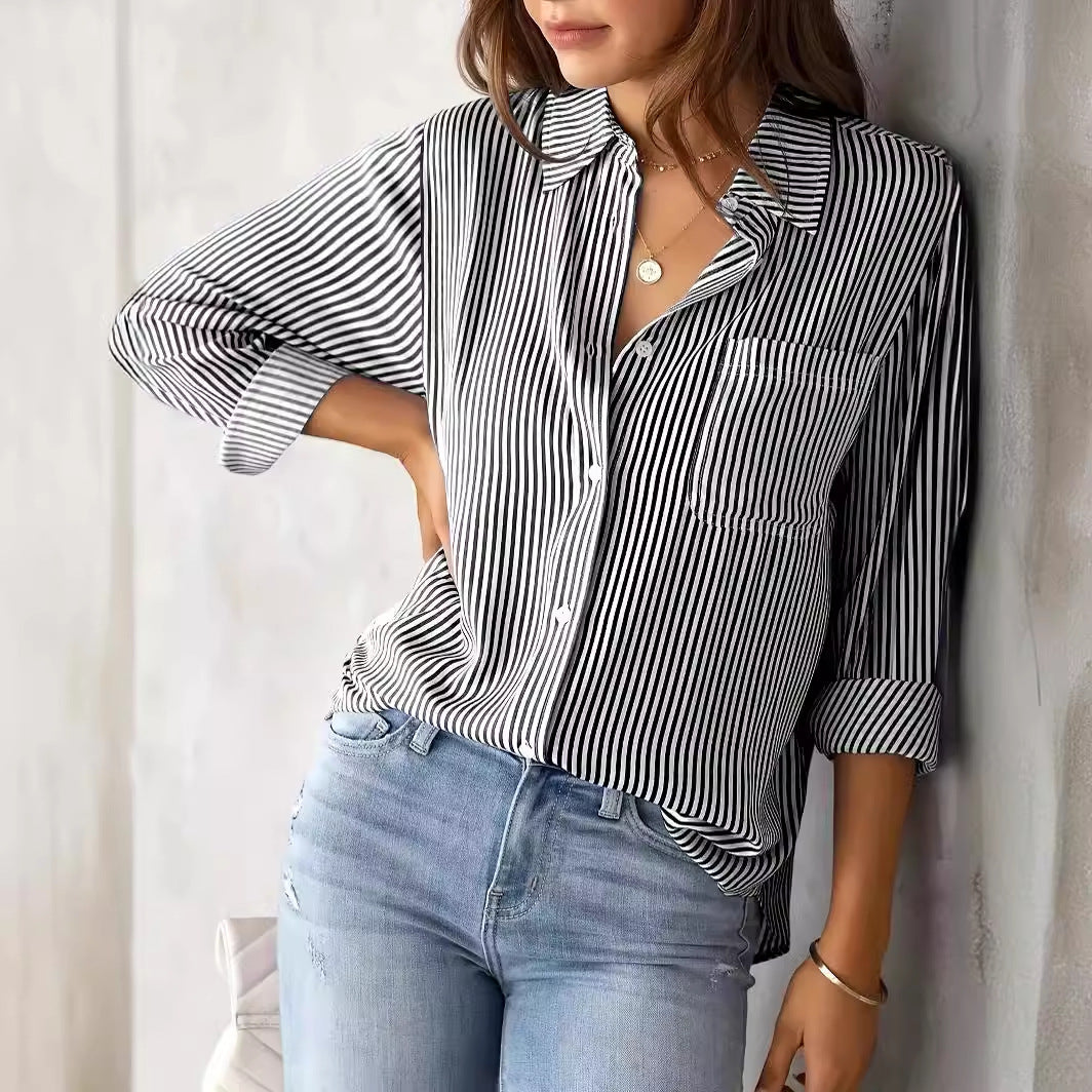 Women Casual Striped Blouse with Chest Pocket Ivyshape