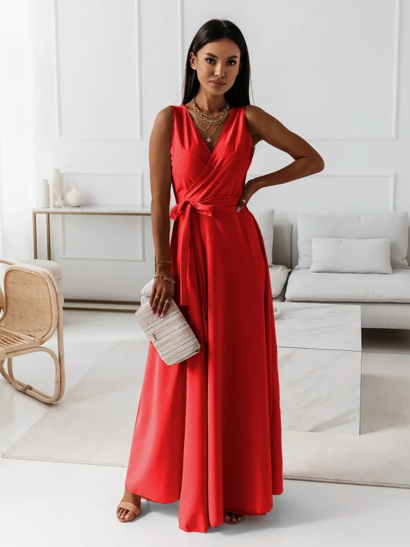 IvyShape | Comfortable Solid Color V Neck Evening Long Dress