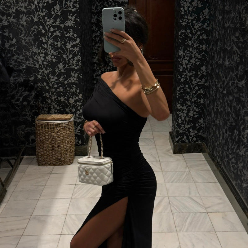 Women evening dress with asymmetrical cut and refined ruffle details Ivyshape