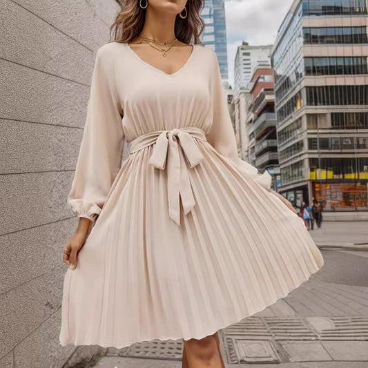 IvyShape | Solid V-Neck Tie Pleated Long Sleeve Dress