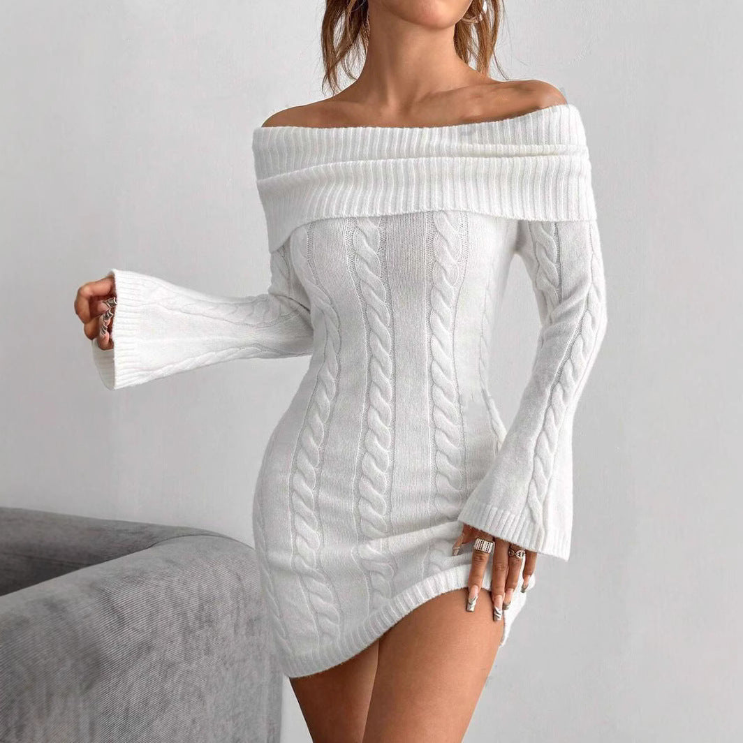 Women figure-hugging knitted dress with wide neckline Ivyshape