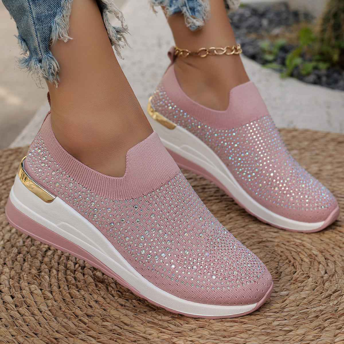 Women Elegant Slip-On Sneakers with rhinestone-embellished details and non-slip sole Ivyshape