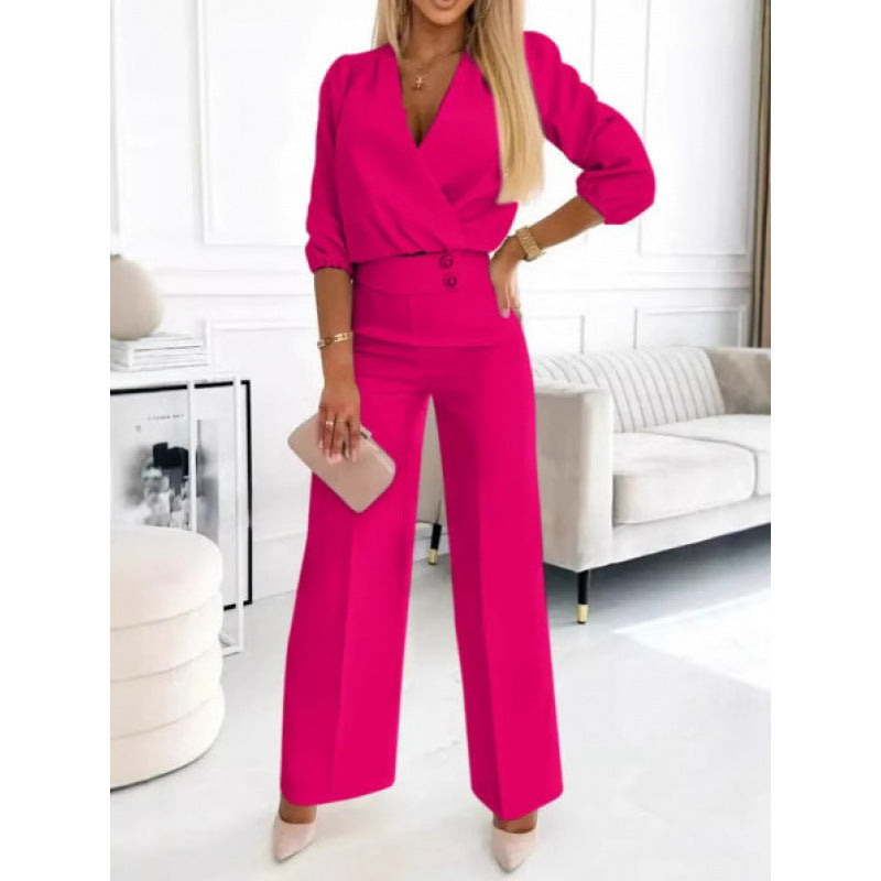 Ladies elegant jumpsuit with wrap top and wide leg Ivyshape