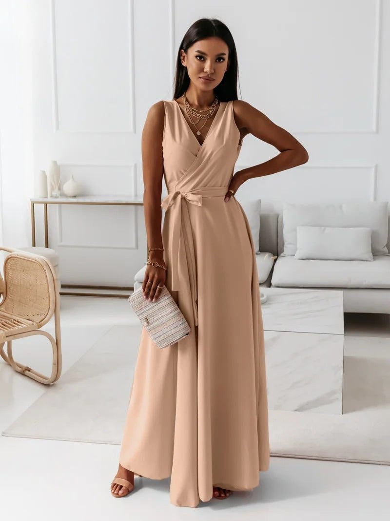 IvyShape | Comfortable Solid Color V Neck Evening Long Dress