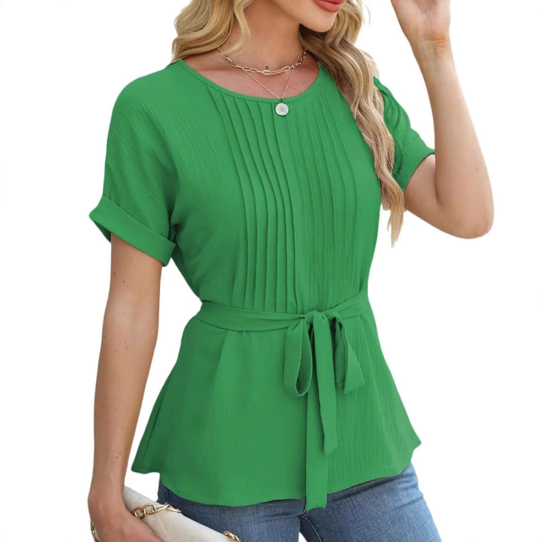 Ladies elegant shirt with pleated details and fitted belt Ivyshape
