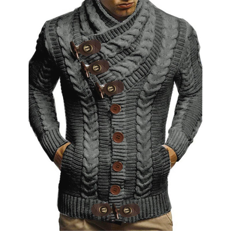 Men's chunky knit cardigan with creative shawl collar and button details Ivyshape