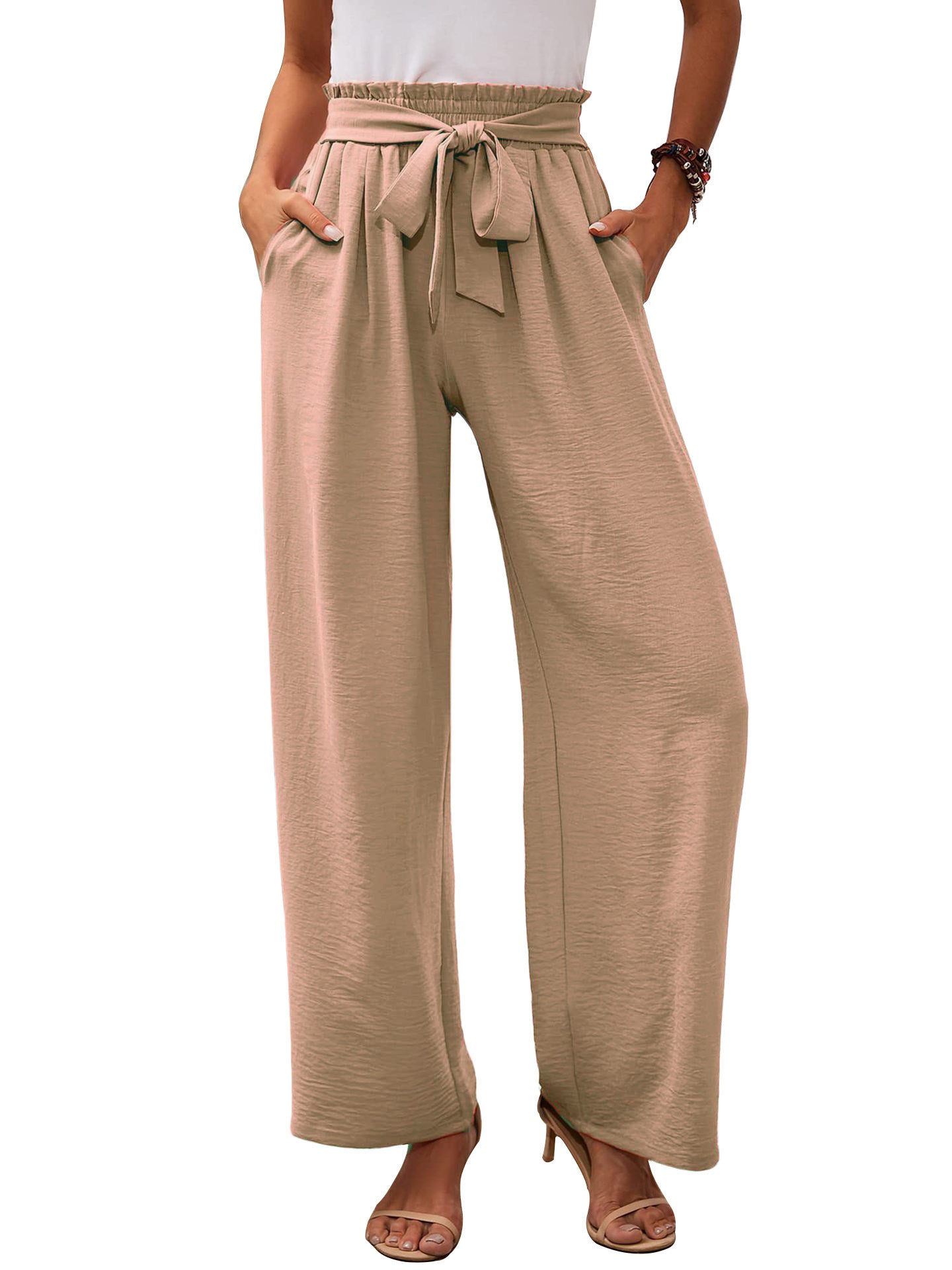 Women's Wide Fabric Trousers with Elastic Waistband and Belt Detail Ivyshape