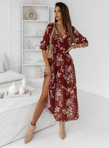 IvyShape | Short Sleeve Split Chiffon Printed Maxi Dress