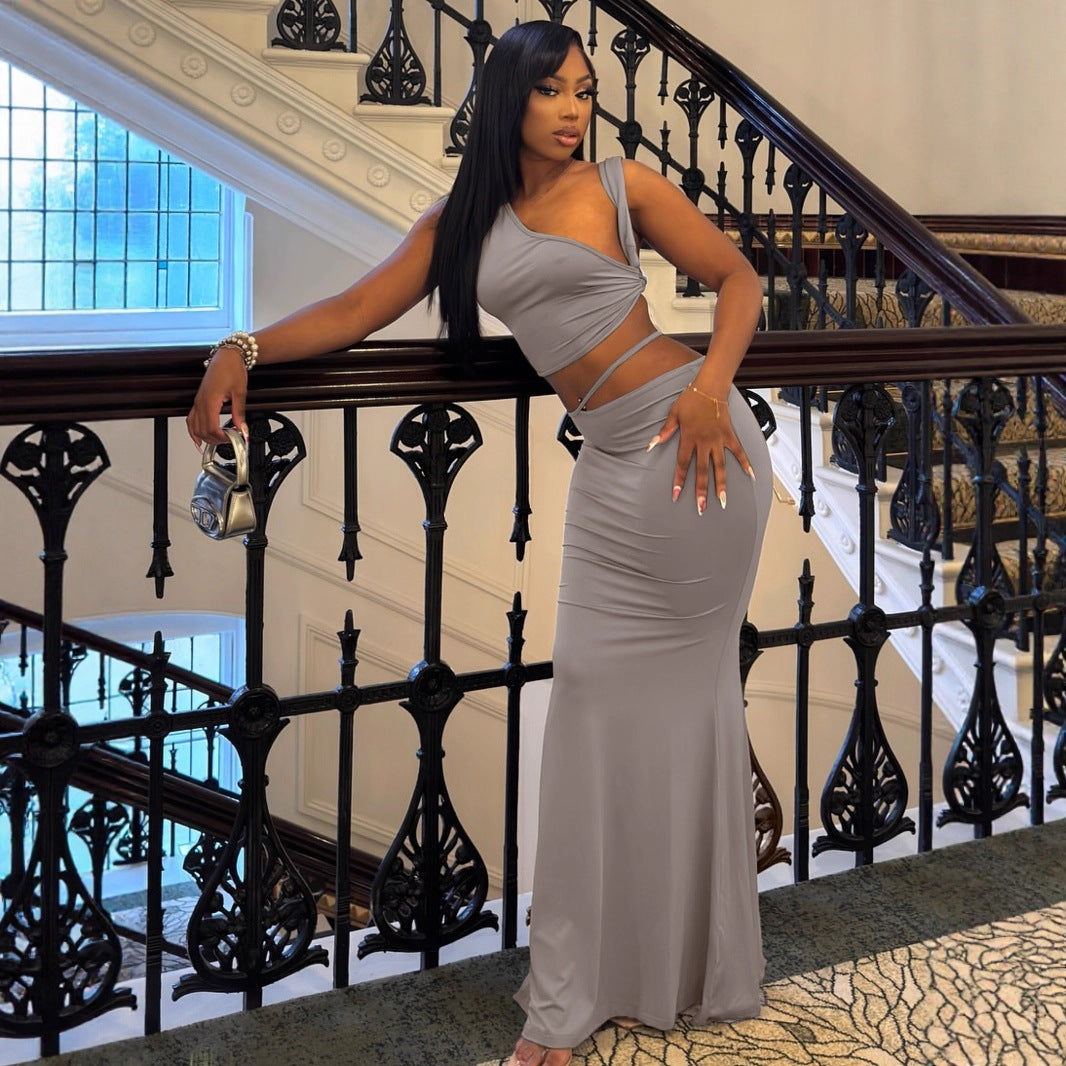 Women Elegant Wrap Dress with Asymmetrical Top and Flowing Cut Ivyshape