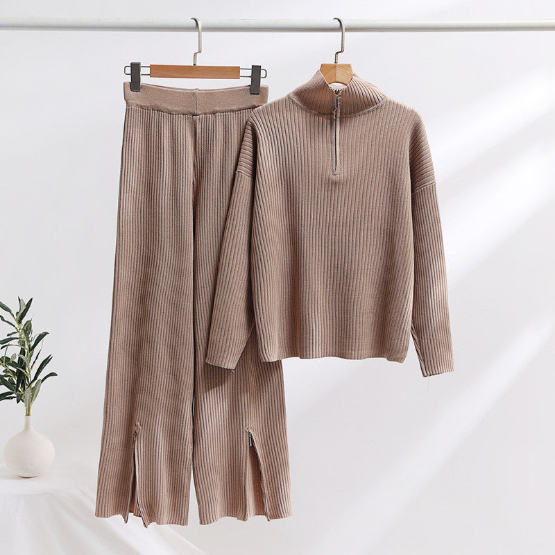 IvyShape | Stand Collar Loose Knit Sweater and Split Pantsuit Set