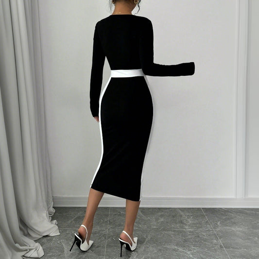 IvyShape | Mid-Length Skirt Long Sleeve Bodycon Dress