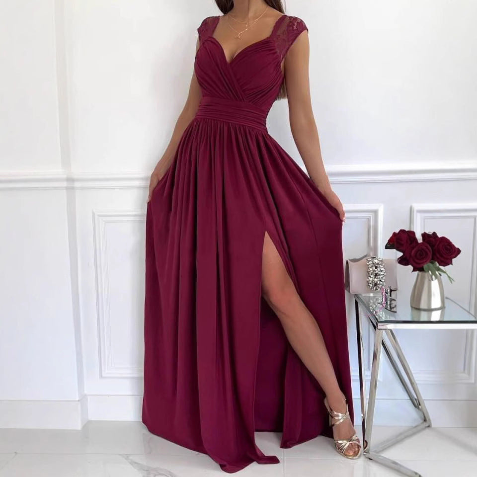 Ladies elegant evening dress with lace sleeves and high slit Ivyshape
