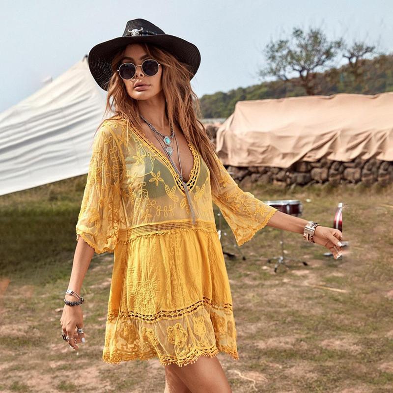 Women Elegant Transparent Beach Robe with Exquisite Embroidery Ivyshape