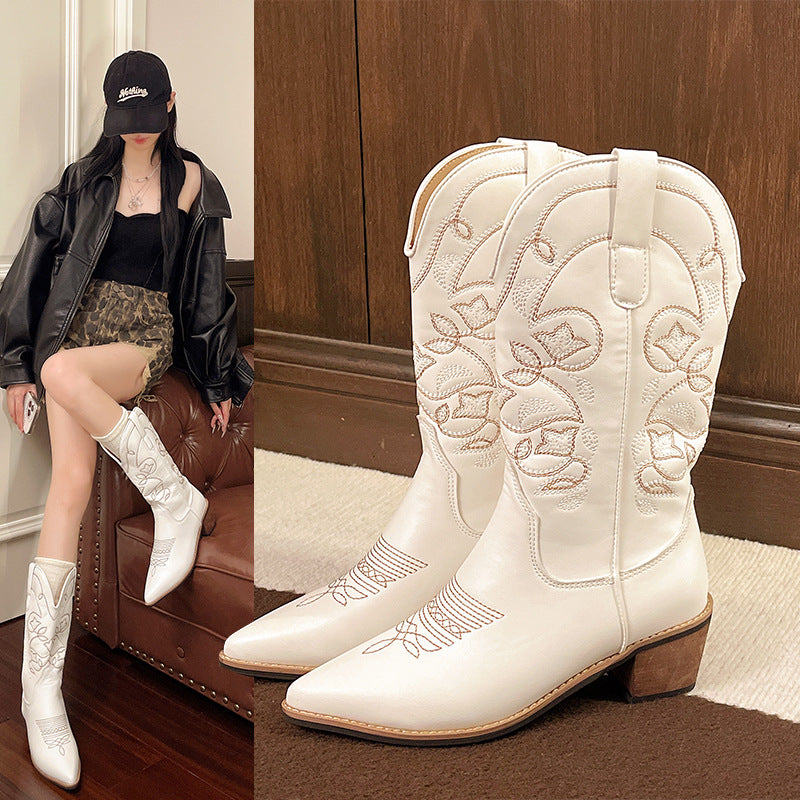 Women's cowboy boots with elegant embroidery and classic block heel Ivyshape