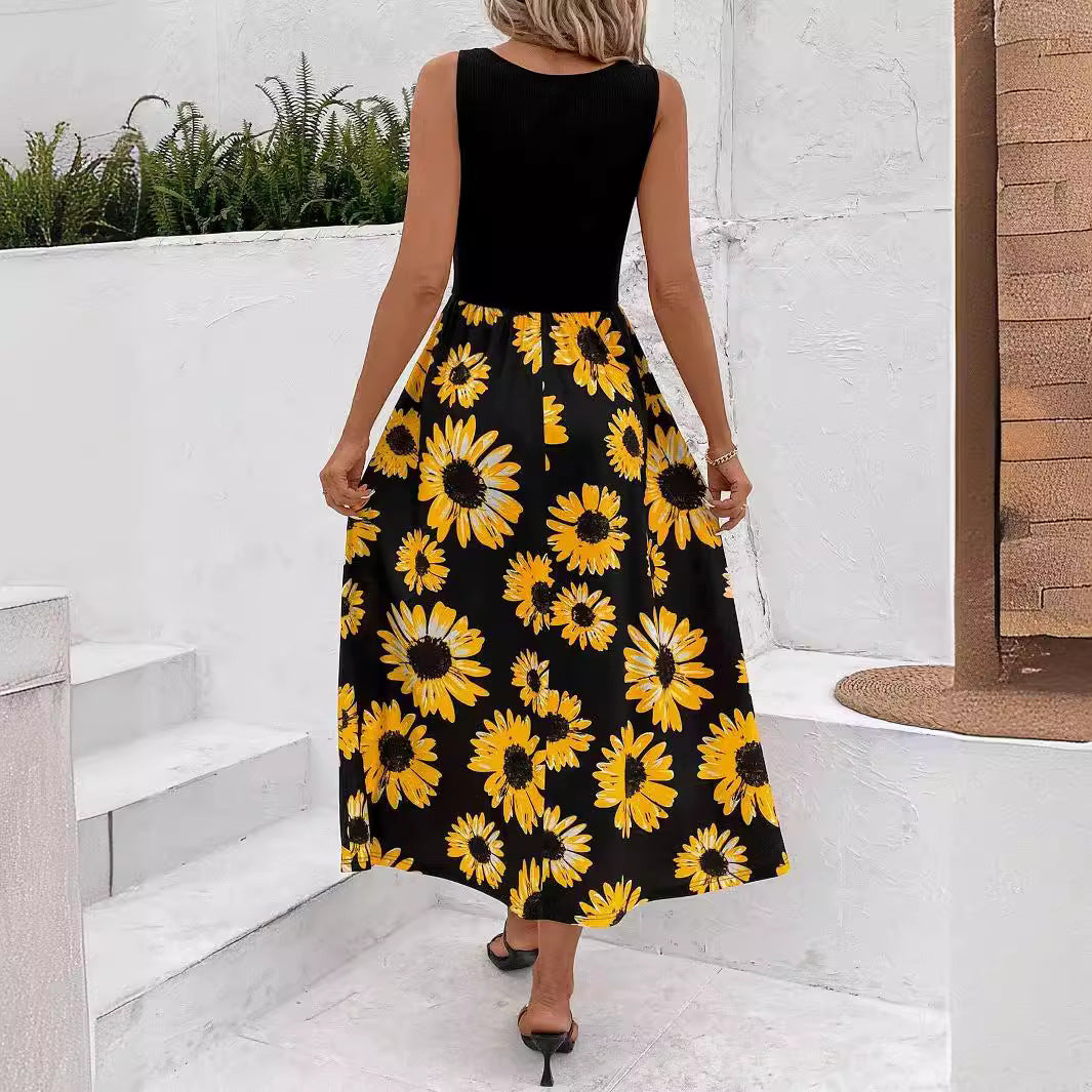 IvyShape | Elegant Patchwork Sunflower Print Dress