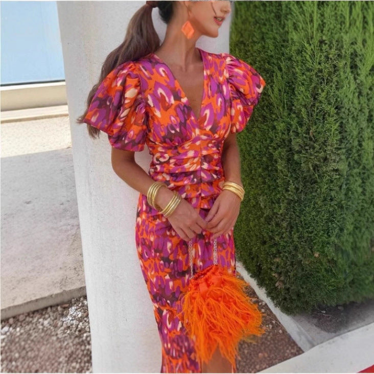 Women Figure-hugging Midnight Dress with Puff Sleeves and V-neck Ivyshape