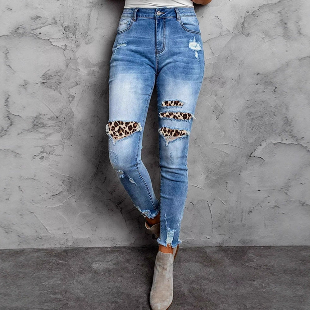 Women's Ripped Skinny Jeans with Leopard Detail Ivyshape